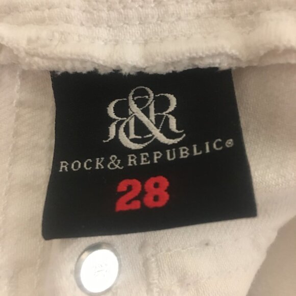 ROCK & REPUBLIC White Kiss Boot Cut Crop Raw Edge Hem Gold Buttons Jeans 28 - Picture 5 of 11